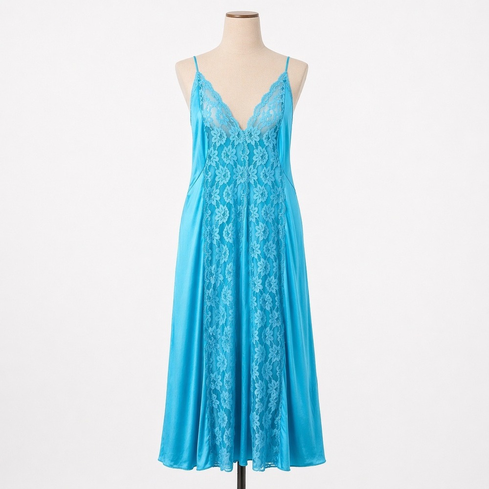 Vintage Floral Lace Bias Cut Maxi Slip Dress Teal Blue Lingerie Flowy Romantic
